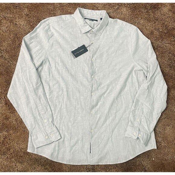 Perry Ellis Men's XXL Shirt Slim Fit Linen Blend Button-Down Camp Beach Blue - Picture 1 of 10